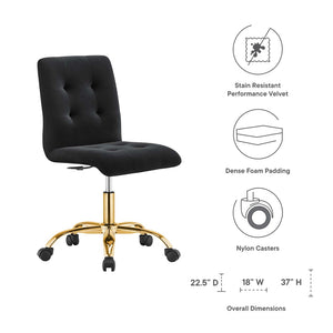 Modway Furniture Prim Armless Performance Velvet Office Chair - Modern Ergonomic Design for Stylish Workspaces Gold Black EEI-4973-GLD-BLK
