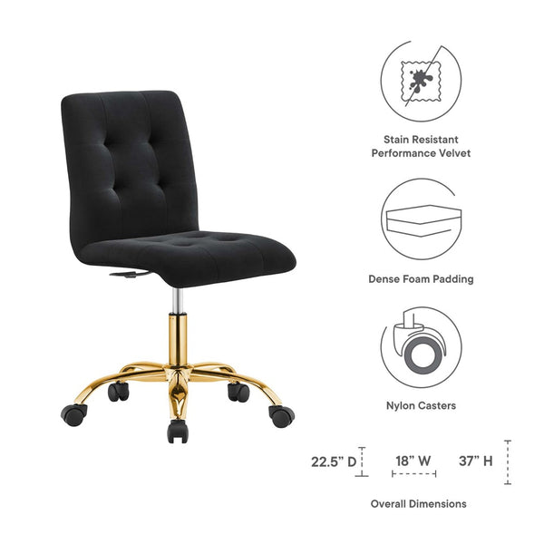 Modway Furniture Prim Armless Performance Velvet Office Chair - Modern Ergonomic Design for Stylish Workspaces Gold Black EEI-4973-GLD-BLK