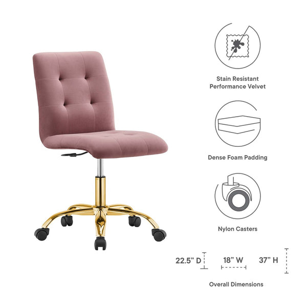 Modway Furniture Prim Armless Performance Velvet Office Chair - Modern Ergonomic Design for Stylish Workspaces Gold Dusty Rose EEI-4973-GLD-DUS
