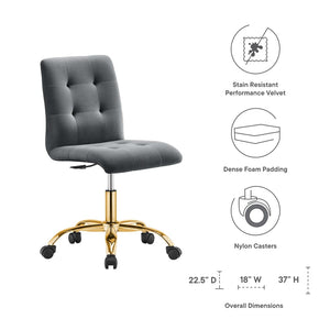 Modway Furniture Prim Armless Performance Velvet Office Chair - Modern Ergonomic Design for Stylish Workspaces Gold Gray EEI-4973-GLD-GRY