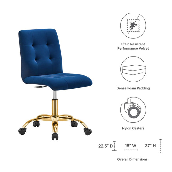 Modway Furniture Prim Armless Performance Velvet Office Chair - Modern Ergonomic Design for Stylish Workspaces Gold Navy EEI-4973-GLD-NAV