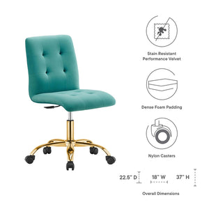 Modway Furniture Prim Armless Performance Velvet Office Chair - Modern Ergonomic Design for Stylish Workspaces Gold Teal EEI-4973-GLD-TEA