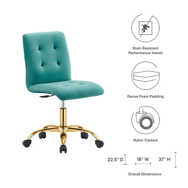 Modway Furniture Prim Armless Performance Velvet Office Chair - Modern Ergonomic Design for Stylish Workspaces Gold Teal EEI-4973-GLD-TEA