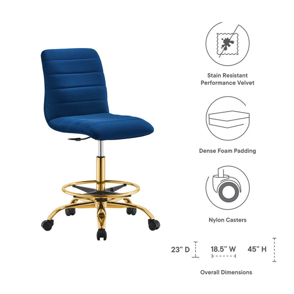 Modway Furniture Ripple Armless Performance Velvet Drafting Chair - Luxurious Comfort with Polished Gold Frame Gold Navy EEI-4976-GLD-NAV