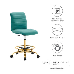 Modway Furniture Ripple Armless Performance Velvet Drafting Chair - Luxurious Comfort with Polished Gold Frame Gold Teal EEI-4976-GLD-TEA