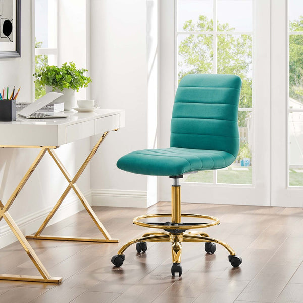 Modway Furniture Ripple Armless Performance Velvet Drafting Chair - Luxurious Comfort with Polished Gold Frame Gold Teal EEI-4976-GLD-TEA