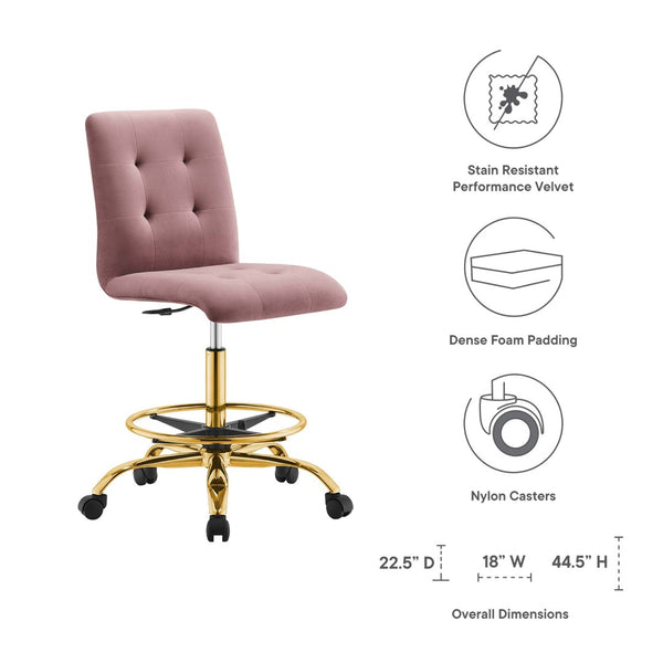 Modway Furniture Prim Armless Performance Velvet Drafting Chair – Modern Style, Adjustable Height, and Comfort Features Gold Dusty Rose EEI-4977-GLD-DUS