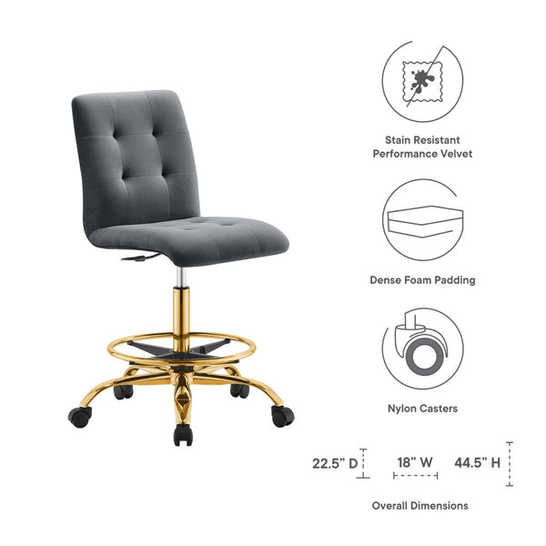 Modway Furniture Prim Armless Performance Velvet Drafting Chair – Modern Style, Adjustable Height, and Comfort Features Gold Gray EEI-4977-GLD-GRY