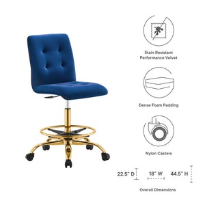 Modway Furniture Prim Armless Performance Velvet Drafting Chair – Modern Style, Adjustable Height, and Comfort Features Gold Navy EEI-4977-GLD-NAV
