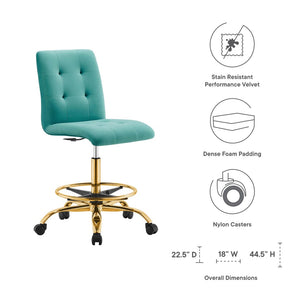 Modway Furniture Prim Armless Performance Velvet Drafting Chair – Modern Style, Adjustable Height, and Comfort Features Gold Teal EEI-4977-GLD-TEA