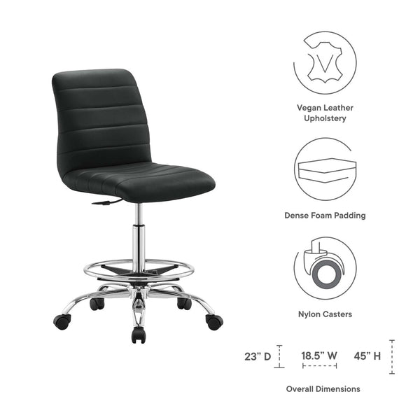 Modway Furniture Ripple Armless Vegan Leather Drafting Chair - Ergonomic Comfort, Sleek Chrome Frame, and Mobility Silver Black EEI-4980-SLV-BLK