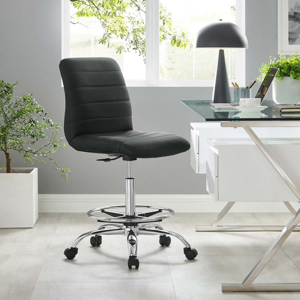 Modway Furniture Ripple Armless Vegan Leather Drafting Chair - Ergonomic Comfort, Sleek Chrome Frame, and Mobility Silver Black EEI-4980-SLV-BLK