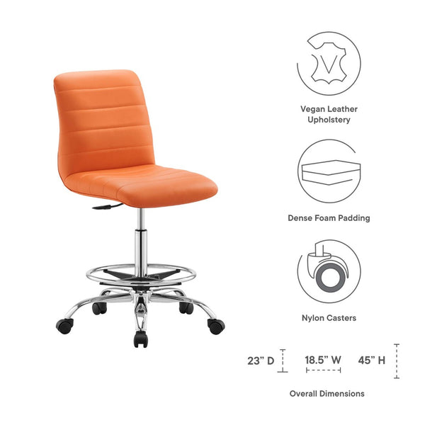 Modway Furniture Ripple Armless Vegan Leather Drafting Chair - Ergonomic Comfort, Sleek Chrome Frame, and Mobility Silver Orange EEI-4980-SLV-ORA