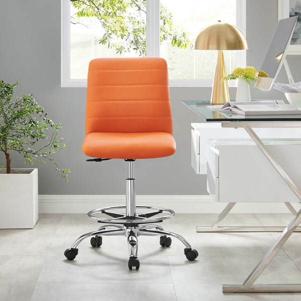 Modway Furniture Ripple Armless Vegan Leather Drafting Chair - Ergonomic Comfort, Sleek Chrome Frame, and Mobility Silver Orange EEI-4980-SLV-ORA