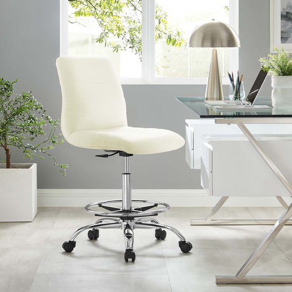Modway Furniture Ripple Armless Vegan Leather Drafting Chair - Ergonomic Comfort, Sleek Chrome Frame, and Mobility Silver White EEI-4980-SLV-WHI