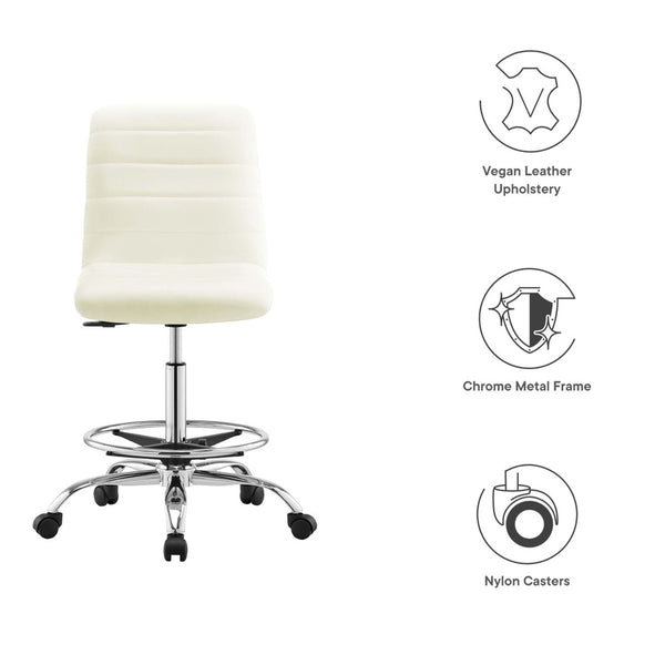 Modway Furniture Ripple Armless Vegan Leather Drafting Chair - Ergonomic Comfort, Sleek Chrome Frame, and Mobility Silver White EEI-4980-SLV-WHI