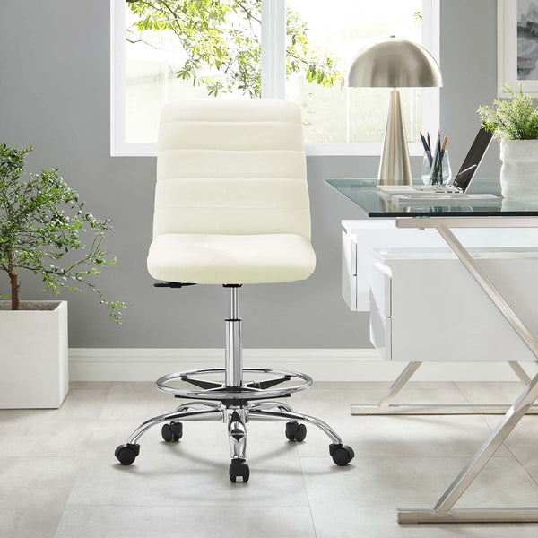 Modway Furniture Ripple Armless Vegan Leather Drafting Chair - Ergonomic Comfort, Sleek Chrome Frame, and Mobility Silver White EEI-4980-SLV-WHI