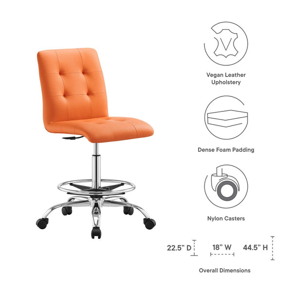 Modway Furniture Prim Armless Vegan Leather Drafting Chair - Ergonomic Comfort for Modern Workspaces & Studios Silver Orange EEI-4981-SLV-ORA