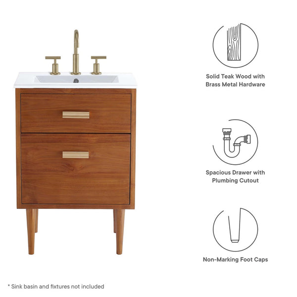 Modway Furniture Cassia 24" Teak Wood Bathroom Vanity Cabinet - Mid-Century Modern Design with Ample Storage Space EEI-5082-NAT