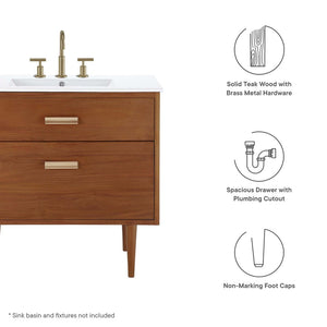 Modway Furniture Cassia 36" Solid Teak Bathroom Vanity Cabinet with Brass Hardware - Mid-Century Charm & Storage EEI-5083-NAT