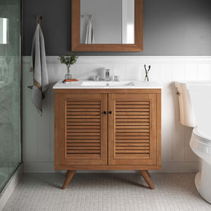 Modway Furniture Birdie 36" Teak Wood Bathroom Vanity Cabinet with Soft-Close Hinges & Adjustable Shelf - Natural Finish EEI-5087-NAT