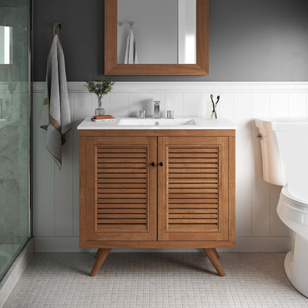 Modway Furniture Birdie 36" Teak Wood Bathroom Vanity Cabinet with Soft-Close Hinges & Adjustable Shelf - Natural Finish EEI-5087-NAT