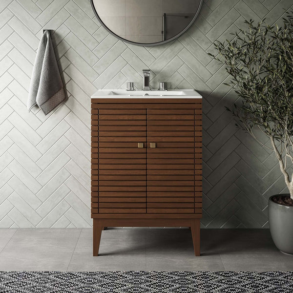 Modway Furniture Ledger 24" Mid-Century Wood Bathroom Vanity Cabinet with Soft-Close Doors - Walnut Finish & Brass Accents EEI-5088-WAL
