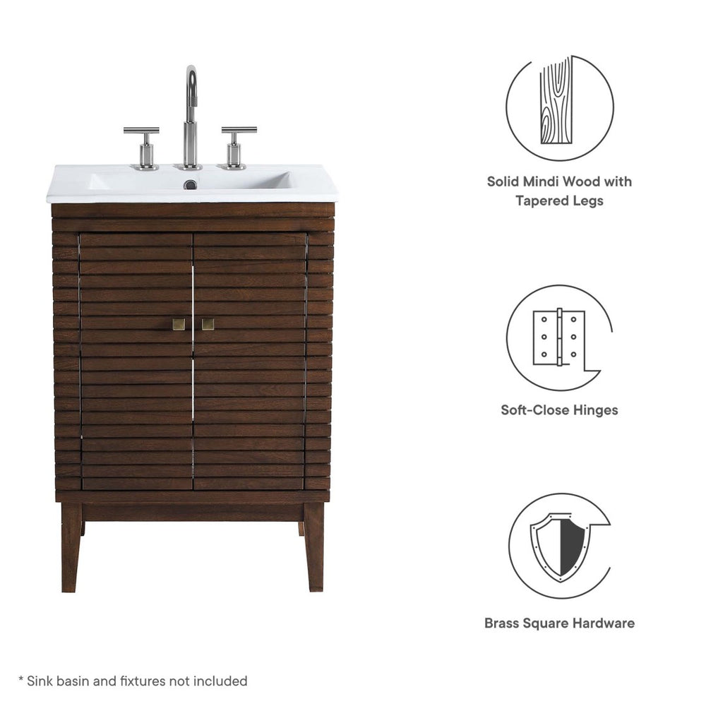 Modway Furniture Ledger 24" Mid-Century Wood Bathroom Vanity Cabinet with Soft-Close Doors - Walnut Finish & Brass Accents EEI-5088-WAL