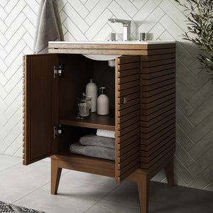 Modway Furniture Ledger 24" Mid-Century Wood Bathroom Vanity Cabinet with Soft-Close Doors - Walnut Finish & Brass Accents EEI-5088-WAL