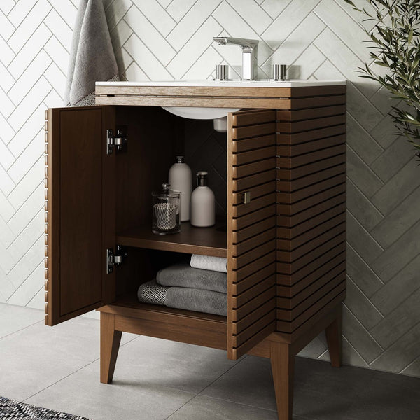 Modway Furniture Ledger 24" Mid-Century Wood Bathroom Vanity Cabinet with Soft-Close Doors - Walnut Finish & Brass Accents EEI-5088-WAL