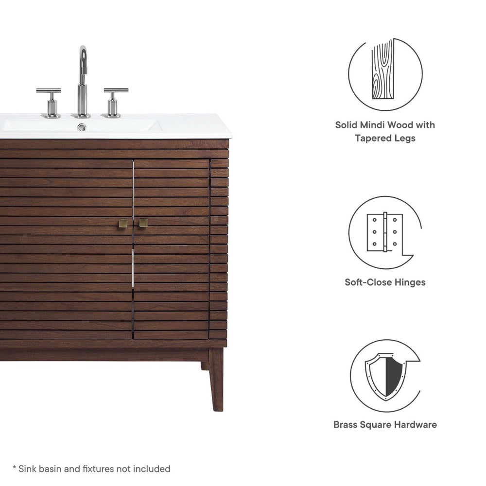 Modway Furniture Ledger 36" Mid-Century Wood Bathroom Vanity Cabinet – Stylish Walnut with Soft-Close Storage Solutions EEI-5089-WAL