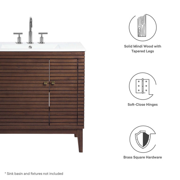 Modway Furniture Ledger 36" Mid-Century Wood Bathroom Vanity Cabinet – Stylish Walnut with Soft-Close Storage Solutions EEI-5089-WAL
