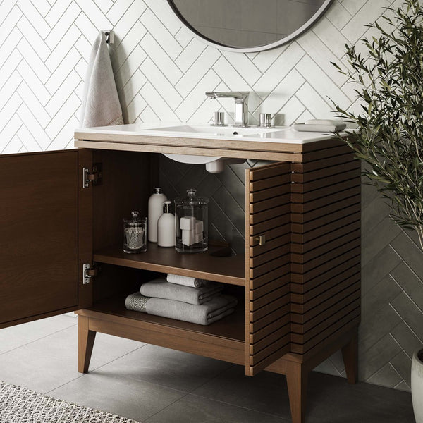 Modway Furniture Ledger 36" Mid-Century Wood Bathroom Vanity Cabinet – Stylish Walnut with Soft-Close Storage Solutions EEI-5089-WAL