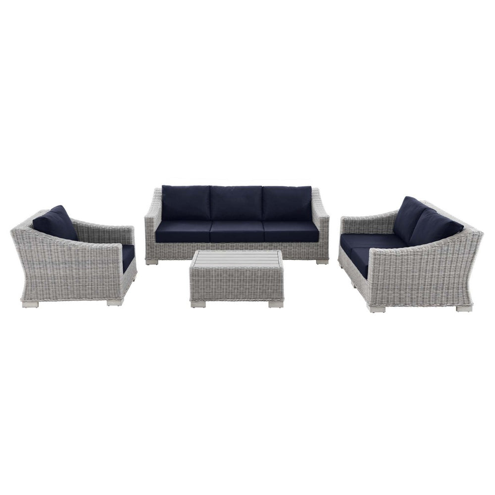 Modway Furniture Conway 4-Piece Outdoor Patio Wicker Rattan Furniture Set – Modern, Durable & Easy Care for Alfresco Fun Light Gray Navy EEI-5091-NAV