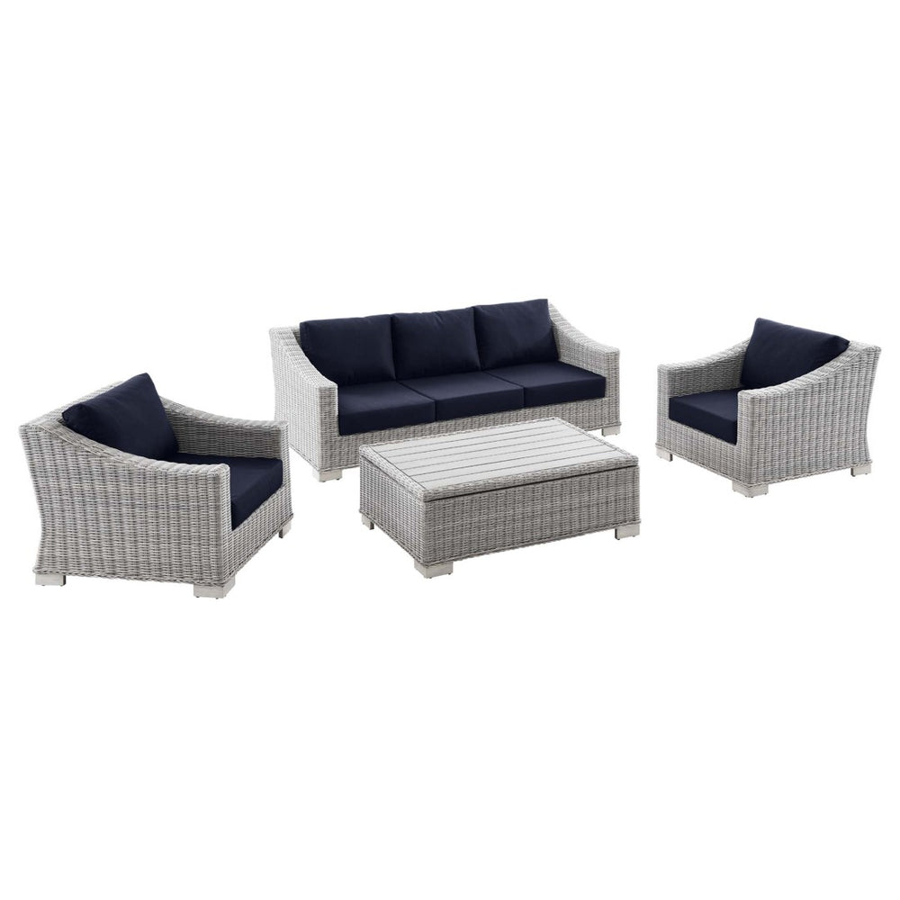 Modway Furniture Conway 4-Piece Outdoor Patio Wicker Rattan Furniture Set - Stylish Comfort for Relaxed Gatherings Light Gray Navy EEI-5095-NAV