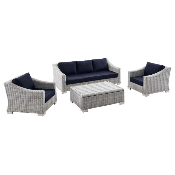 Modway Furniture Conway 4-Piece Outdoor Patio Wicker Rattan Furniture Set - Stylish Comfort for Relaxed Gatherings Light Gray Navy EEI-5095-NAV