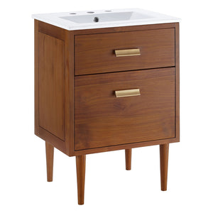 Modway Furniture Cassia 24" Bathroom Vanity - Mid-Century Modern Teak Design with Brass Hardware & Ample Storage EEI-5108-NAT-WHI