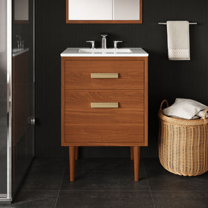 Modway Furniture Cassia 24" Bathroom Vanity - Mid-Century Modern Teak Design with Brass Hardware & Ample Storage EEI-5108-NAT-WHI