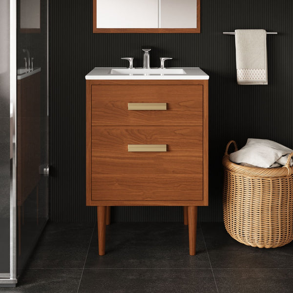 Modway Furniture Cassia 24" Bathroom Vanity - Mid-Century Modern Teak Design with Brass Hardware & Ample Storage EEI-5108-NAT-WHI