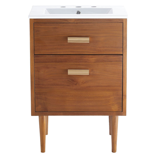 Modway Furniture Cassia 24" Bathroom Vanity - Mid-Century Modern Teak Design with Brass Hardware & Ample Storage EEI-5108-NAT-WHI