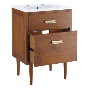 Modway Furniture Cassia 24" Bathroom Vanity - Mid-Century Modern Teak Design with Brass Hardware & Ample Storage EEI-5108-NAT-WHI