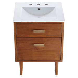 Modway Furniture Cassia 24" Bathroom Vanity - Mid-Century Modern Teak Design with Brass Hardware & Ample Storage EEI-5108-NAT-WHI