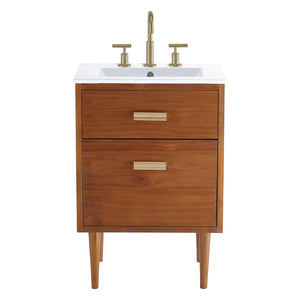 Modway Furniture Cassia 24" Bathroom Vanity - Mid-Century Modern Teak Design with Brass Hardware & Ample Storage EEI-5108-NAT-WHI