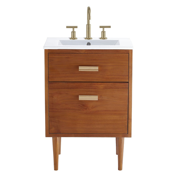 Modway Furniture Cassia 24" Bathroom Vanity - Mid-Century Modern Teak Design with Brass Hardware & Ample Storage EEI-5108-NAT-WHI