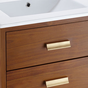 Modway Furniture Cassia 24" Bathroom Vanity - Mid-Century Modern Teak Design with Brass Hardware & Ample Storage EEI-5108-NAT-WHI