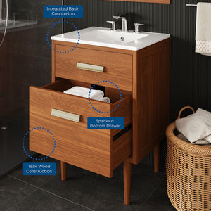 Modway Furniture Cassia 24" Bathroom Vanity - Mid-Century Modern Teak Design with Brass Hardware & Ample Storage EEI-5108-NAT-WHI