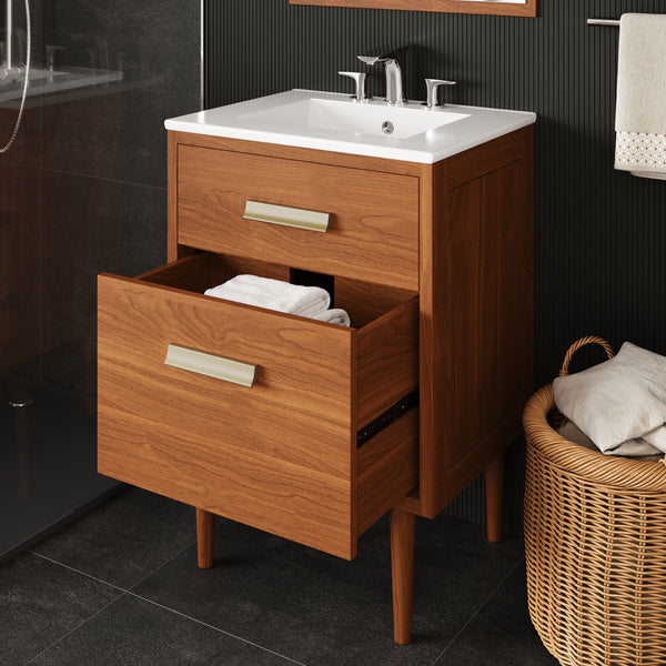 Modway Furniture Cassia 24" Bathroom Vanity - Mid-Century Modern Teak Design with Brass Hardware & Ample Storage EEI-5108-NAT-WHI