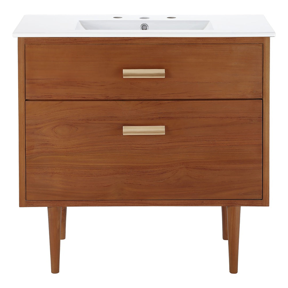 Modway Furniture Cassia 36" Bathroom Vanity - Mid-Century Design with Teak Finish, Ceramic Top & Smart Storage Solutions EEI-5109-NAT-WHI