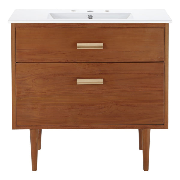 Modway Furniture Cassia 36" Bathroom Vanity - Mid-Century Design with Teak Finish, Ceramic Top & Smart Storage Solutions EEI-5109-NAT-WHI