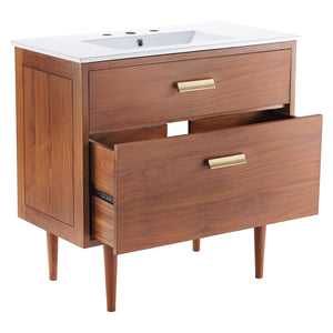 Modway Furniture Cassia 36" Bathroom Vanity - Mid-Century Design with Teak Finish, Ceramic Top & Smart Storage Solutions EEI-5109-NAT-WHI